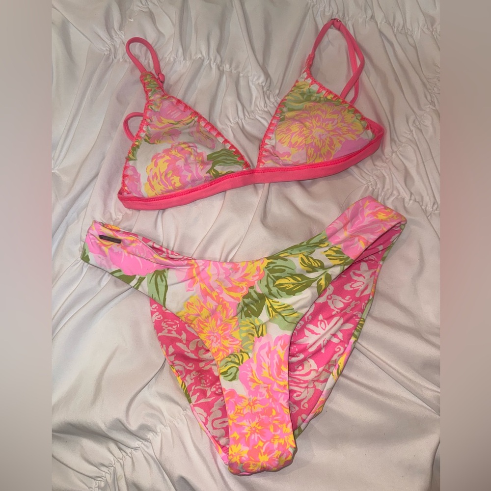 Maaji Pink & Yellow Floral Triangle Bikini Top and bottom